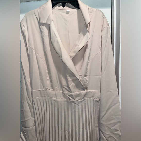 New, Beige Lapel Collar Pleated Hem Dress, Size Large - Picture 13 of 16